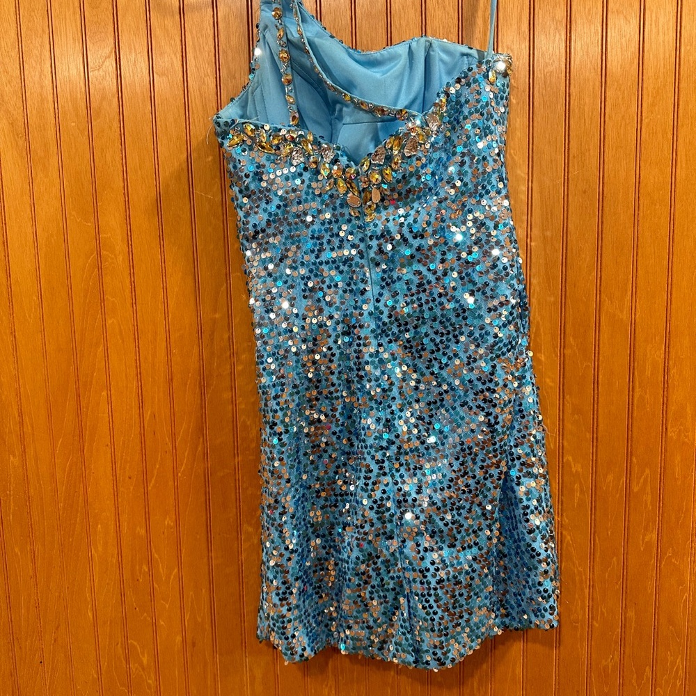 Blue Sequin One-Shoulder Mini Dress - Picture 3 of 3